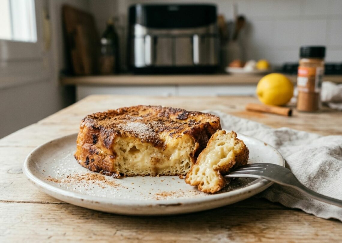 Torrija en air fryer de pan brioche cortada mostrando interior cremoso y jugoso sobre plato artesanal