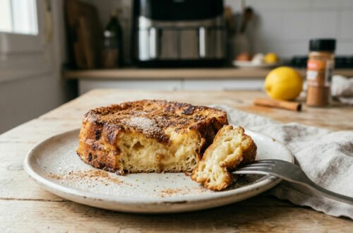Torrija en air fryer de pan brioche cortada mostrando interior cremoso y jugoso sobre plato artesanal